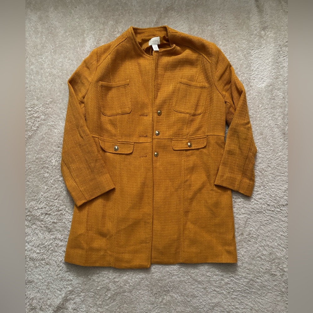 Chico's Women's L (2) Yellow Tweed Long Line Button Front Jacket Retro Jackie-O